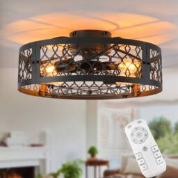 NIVOR 50cm Farmhouse Reversible Caged Ceiling Fan with Light Kit & Remote in Black - thumbnail 1