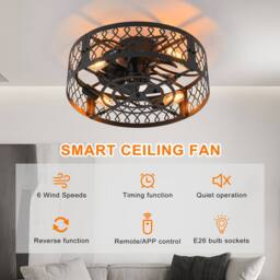 NIVOR 50cm Farmhouse Reversible Caged Ceiling Fan with Light Kit & Remote in Black - thumbnail 3