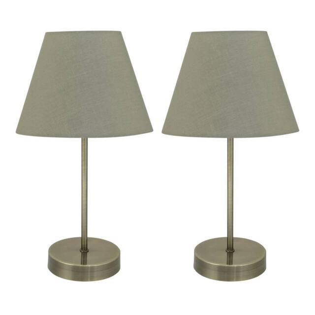 First Choice Lighting Set of 2 Antique Brass Stick Table Lamps with Sage Green Fabric Shades in Bronze - image 1