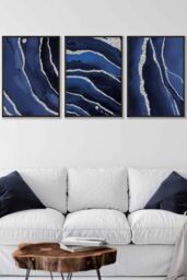 ARTZE Abstract Navy Blue Silver Strokes Framed Wall Art - Large in Black - Size: W53 cm x H73 cm x D20mm