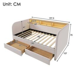 Matteo Upholstered Single Daybed - Headboard Storage, LED & USB - Linen Beige - thumbnail 2