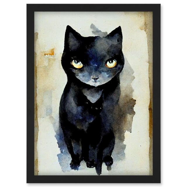 Artery8 Curious Black Cat Watercolour Painting Artwork Framed Wall Art Print A4 - image 1
