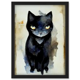 Artery8 Curious Black Cat Watercolour Painting Artwork Framed Wall Art Print A4 - thumbnail 1