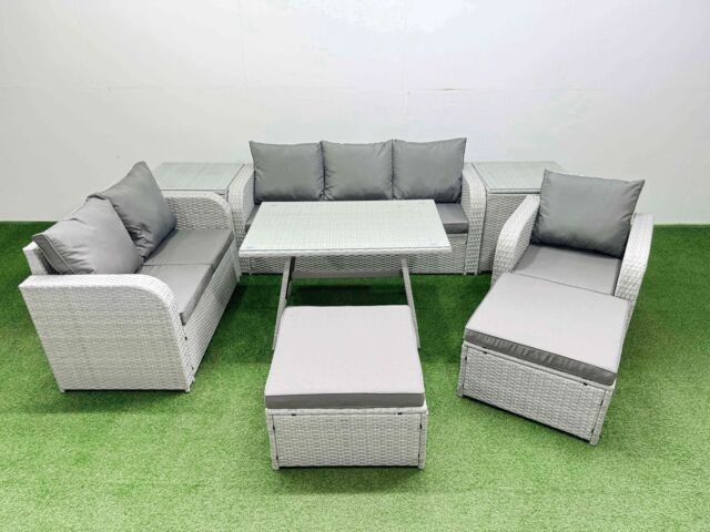 Fimous Patio Dining Table & Chairs Set with Reclining Chair 2 Side Tables in Light Grey - image 1