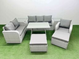 Fimous Patio Dining Table & Chairs Set with Reclining Chair 2 Side Tables in Light Grey - thumbnail 2