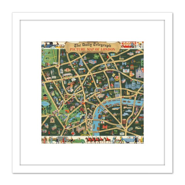 Artery8 1950 Pictorial Map Picture Map If London 8X8 Inch Square Wooden Framed Wall Art Print Picture with Mount in White - image 1