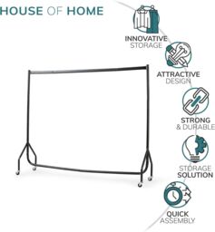 House of Home Clothes Rail Extra Strong Heavy Duty Metal With Wheels Rack 5FT Long x 5FT Tall in Black - thumbnail 3
