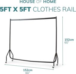 House of Home Clothes Rail Extra Strong Heavy Duty Metal With Wheels Rack 5FT Long x 5FT Tall in Black - thumbnail 2
