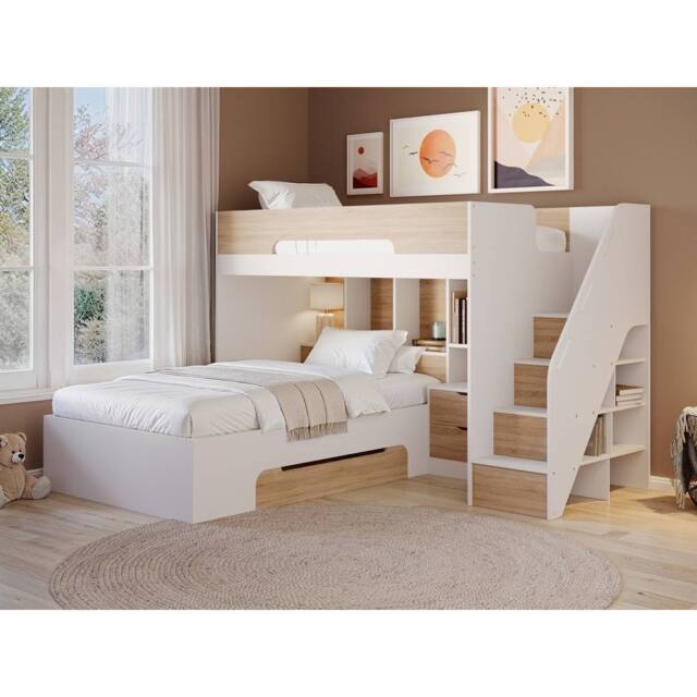 Flair Greyson Staircase Triple Bunk Bed with Storage in Light Oak - Size: Small Double - image 1