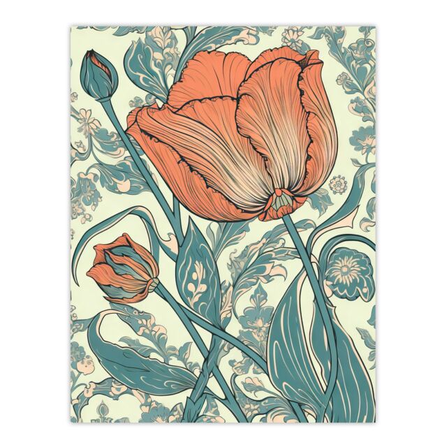Artery8 Wall Art Print Tulip Flower Pattern Detail William Morris Style Painting Teal Blue Coral Pink Spring Blooms Nature Colourful Bright Floral - image 1