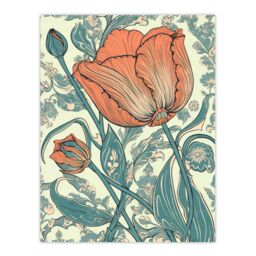Artery8 Wall Art Print Tulip Flower Pattern Detail William Morris Style Painting Teal Blue Coral Pink Spring Blooms Nature Colourful Bright Floral - thumbnail 1