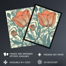 Artery8 Wall Art Print Tulip Flower Pattern Detail William Morris Style Painting Teal Blue Coral Pink Spring Blooms Nature Colourful Bright Floral - thumbnail 2