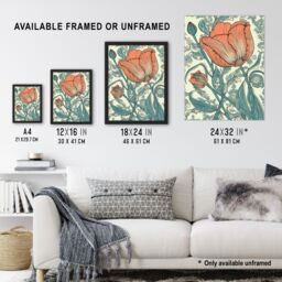 Artery8 Wall Art Print Tulip Flower Pattern Detail William Morris Style Painting Teal Blue Coral Pink Spring Blooms Nature Colourful Bright Floral - thumbnail 3