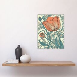 Artery8 Wall Art Print Tulip Flower Pattern Detail William Morris Style Painting Teal Blue Coral Pink Spring Blooms Nature Colourful Bright Floral - thumbnail 4