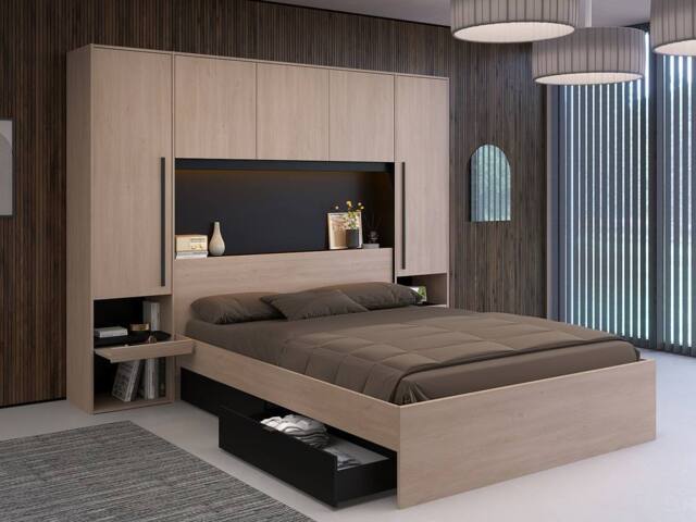 Vente-unique Bed With Overbed Storage 160 X 200 Cm - With LED Lighting - Natural in Black - Size: Double - image 1