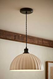 ValueLights Bourton Cream Ribbed Dome Pendant Ceiling Light in Black - thumbnail 1