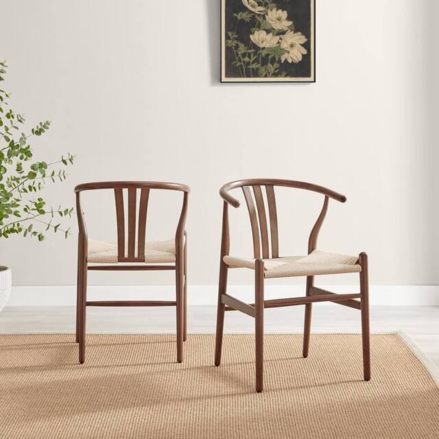FurnitureboxUK 2x Caia Walnut Effect Wood & Rope Wishbone Dining Chairs - image 1