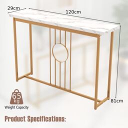 Costway 120cm Narrow Console Table Faux Marble Sofa Side End Table W/ Metal Frame in Gold - thumbnail 2
