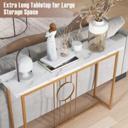 Costway 120cm Narrow Console Table Faux Marble Sofa Side End Table W/ Metal Frame in Gold - thumbnail 3
