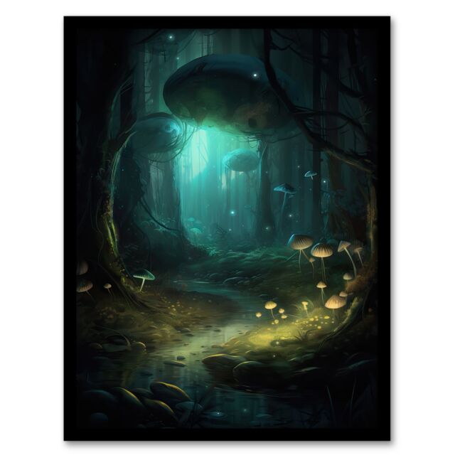 Artery8 Wall Art Print Enchanted Forest w/ Bioluminescent Mushrooms Oil Painting Stream In Moonlit Fantasy Landscape Colourful Magical Nature - image 1