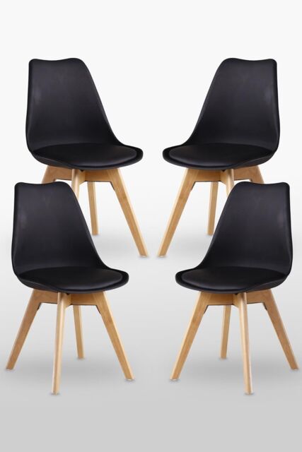 Life Interiors Set of 4 'Tulip Dining Chairs' Leather Padded Seat Solid Wood Legs in Black - image 1