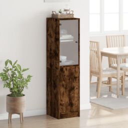 Berkfield Home Highboard with Glass Door Smoked Oak 35x37x142 cm in Brown - Size: 35 x 37 x 142 cm - thumbnail 3
