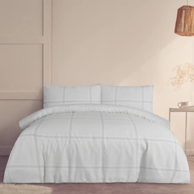 Smart Living Printed Reversible Linear Check Duvet Cover With Pillowcases in Natural - Size: Double - image 1