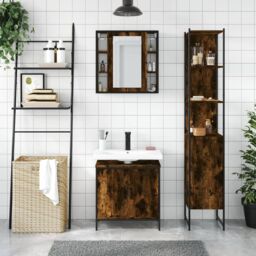 Berkfield Home 3 Piece Bathroom Cabinet Set Smoked Oak Engineered Wood in Brown - thumbnail 3