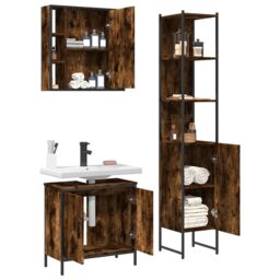 Berkfield Home 3 Piece Bathroom Cabinet Set Smoked Oak Engineered Wood in Brown - thumbnail 4
