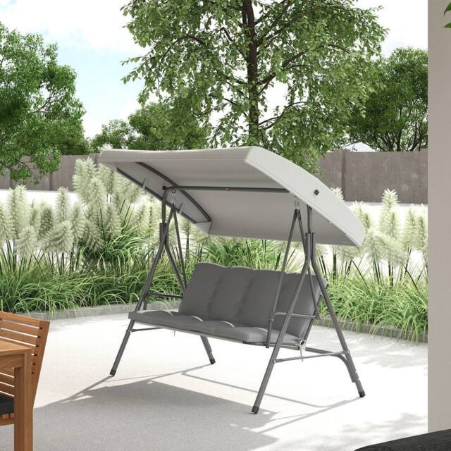 OUTSUNNY 3 Person Porch Swing Chair Outdoor Lounge Bench Canopy Light Grey