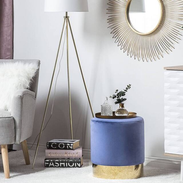 Wyld and Coco Blue Velvet Round Pouffe with Gold Trim - image 1