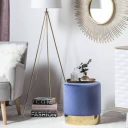 Wyld and Coco Blue Velvet Round Pouffe with Gold Trim - thumbnail 1