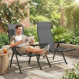 NESTLUNE Folding Reclining Garden Chairs Set of 2 in Dark Grey - Size: 100 cm x 15 cm - thumbnail 3