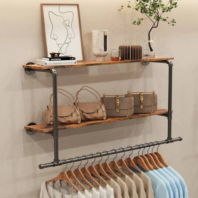 EONLION Black+Dark brown Pipe Clothes Rail Wall Mounted Garment Rack in Dark Brown - Size: 500mm - image 1