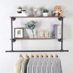 EONLION Black+Dark brown Pipe Clothes Rail Wall Mounted Garment Rack in Dark Brown - Size: 500mm - thumbnail 4