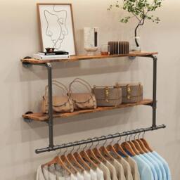 EONLION Black+Dark brown Pipe Clothes Rail Wall Mounted Garment Rack in Dark Brown - Size: 500mm - thumbnail 1