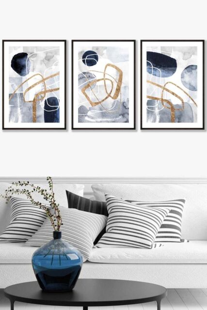 ARTZE Set of 3 Black Framed Abstract Navy Blue & Gold Watercolour Shapes Wall Art - Size: W45 cm x H62 cm x D20mm - image 1