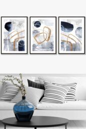 ARTZE Set of 3 Black Framed Abstract Navy Blue & Gold Watercolour Shapes Wall Art - Size: W45 cm x H62 cm x D20mm