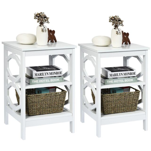 Costway Set of 2 3-Tier Nightstand Sofa Bed Side Table Storage Display Stand-White in White - image 1