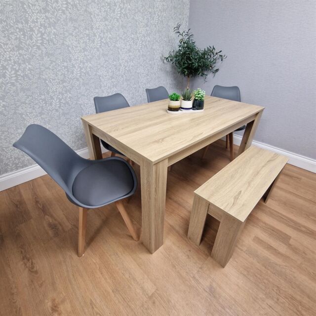 KOSY KOALA Oak Effect Dining Table Set With 4 Grey Plastic Chairs & Bench Dining Room Furniture in Brown - image 1