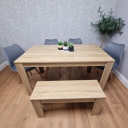 KOSY KOALA Oak Effect Dining Table Set With 4 Grey Plastic Chairs & Bench Dining Room Furniture in Brown - thumbnail 3