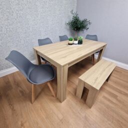 KOSY KOALA Oak Effect Dining Table Set With 4 Grey Plastic Chairs & Bench Dining Room Furniture in Brown - thumbnail 1