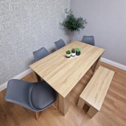 KOSY KOALA Oak Effect Dining Table Set With 4 Grey Plastic Chairs & Bench Dining Room Furniture in Brown - thumbnail 2