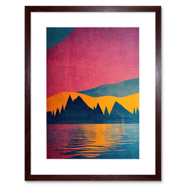 "Artery8 Wall Art Print Sunset at Lakeside Modern Colourful Pop Art Design Artwork Framed 9X7 Inch in Brown - Size: W7"" x H9""" - image 1