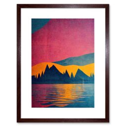 "Artery8 Wall Art Print Sunset at Lakeside Modern Colourful Pop Art Design Artwork Framed 9X7 Inch in Brown - Size: W7"" x H9""" - thumbnail 1