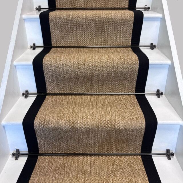 RainbowHome Bibery Weave Beige Stair Runner with Black Cotton Border - Size: 60 cm x 700 cm - image 1