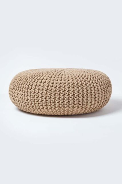 Homescapes Large Round Cotton Knitted Pouffe Footstool in Beige - image 1