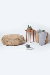 Homescapes Large Round Cotton Knitted Pouffe Footstool in Beige - thumbnail 6