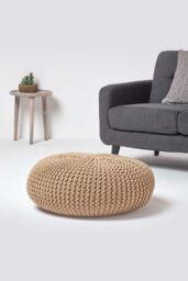 Homescapes Large Round Cotton Knitted Pouffe Footstool in Beige - thumbnail 2