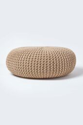 Homescapes Large Round Cotton Knitted Pouffe Footstool in Beige - thumbnail 1